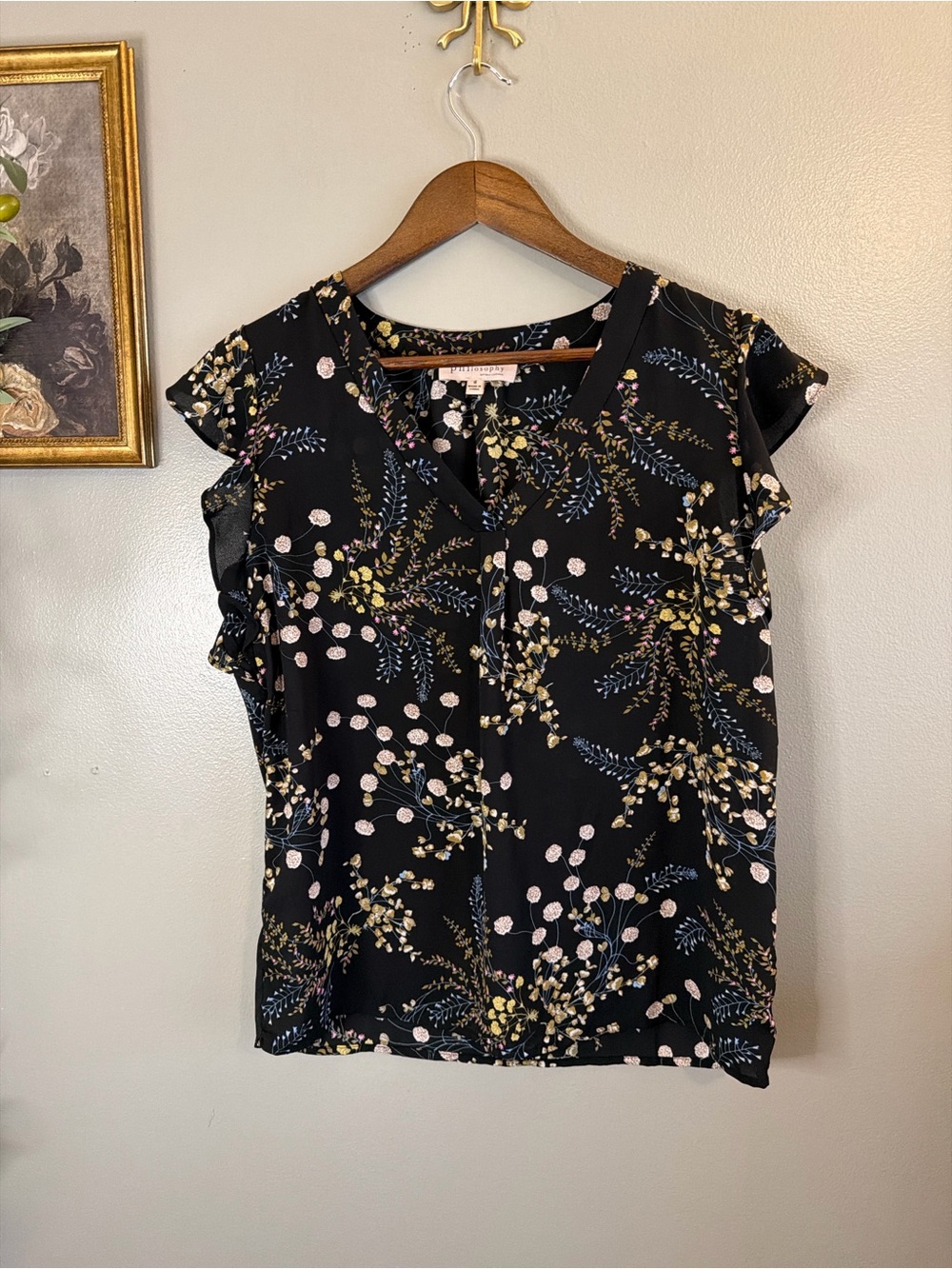Philosophy Republic Clothing Floral Flutter Sleeve Blouse Black Size Small - Picture 3 of 8
